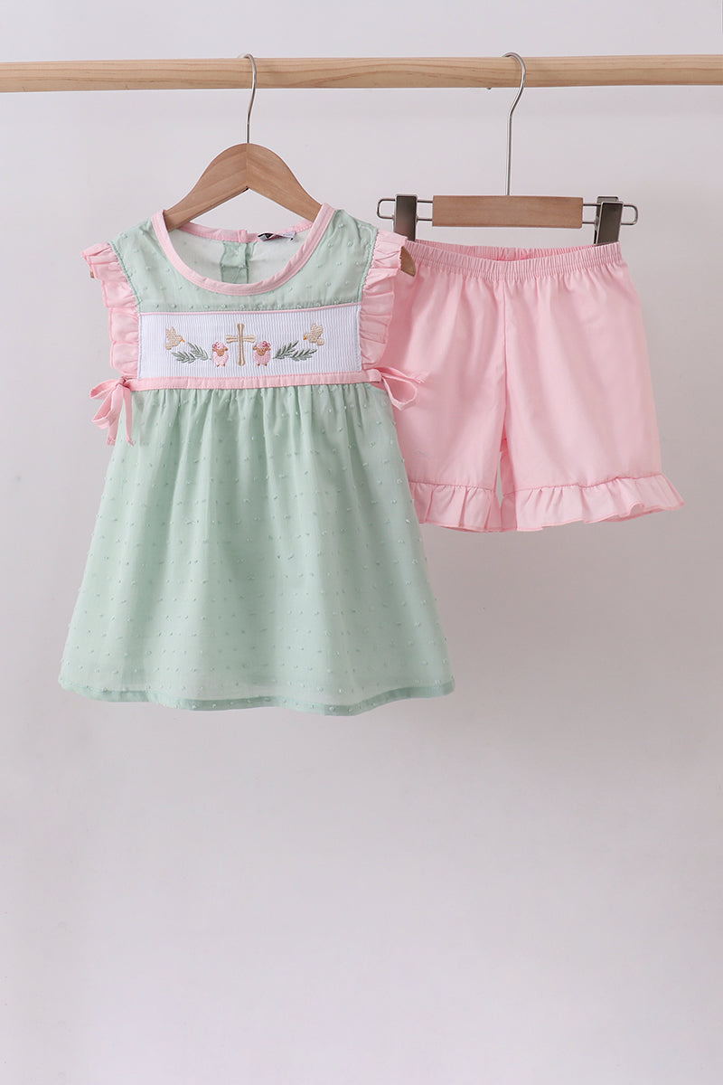 Ensemble short à volants mouton croix à pois suisses vert