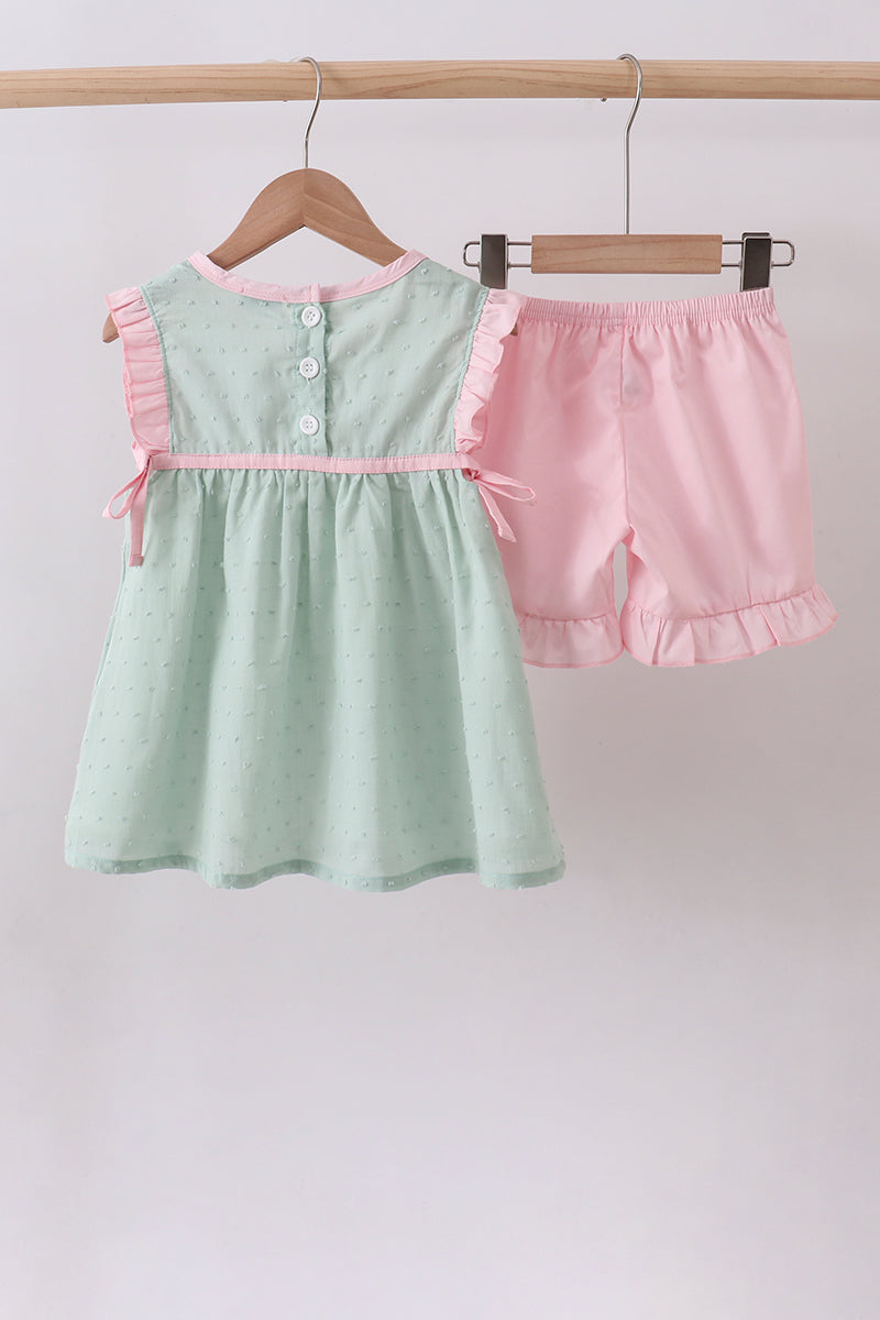 Ensemble short à volants mouton croix à pois suisses vert