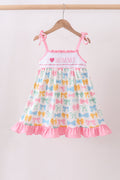 Robe à smocks à volants nœud rose J'aime MAMAN