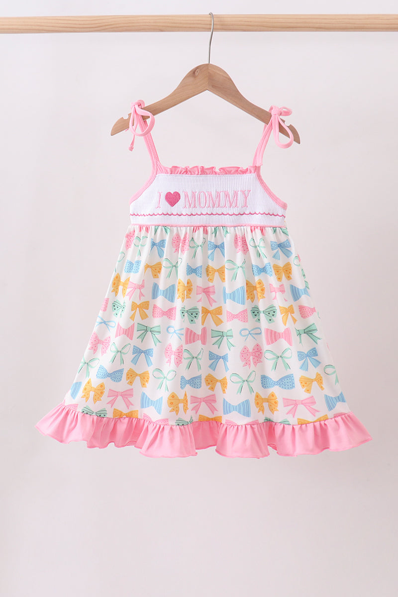 Robe à smocks à volants nœud rose J'aime MAMAN
