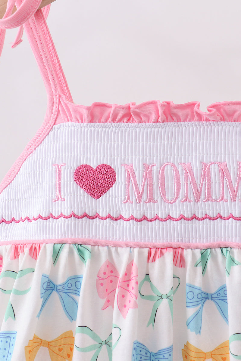 Robe à smocks à volants nœud rose J'aime MAMAN