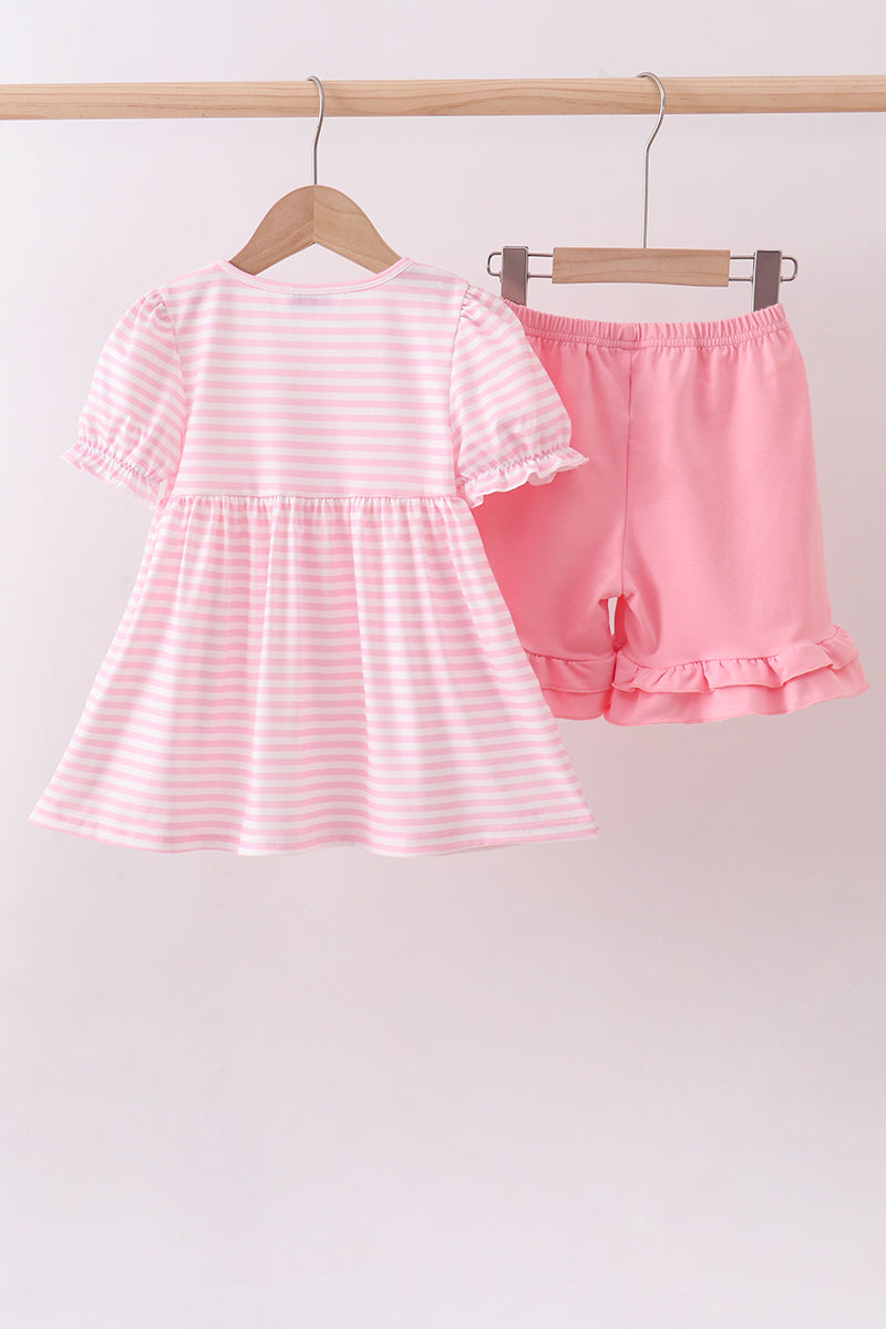 Ensemble short à volants avec application croisée à rayures roses
