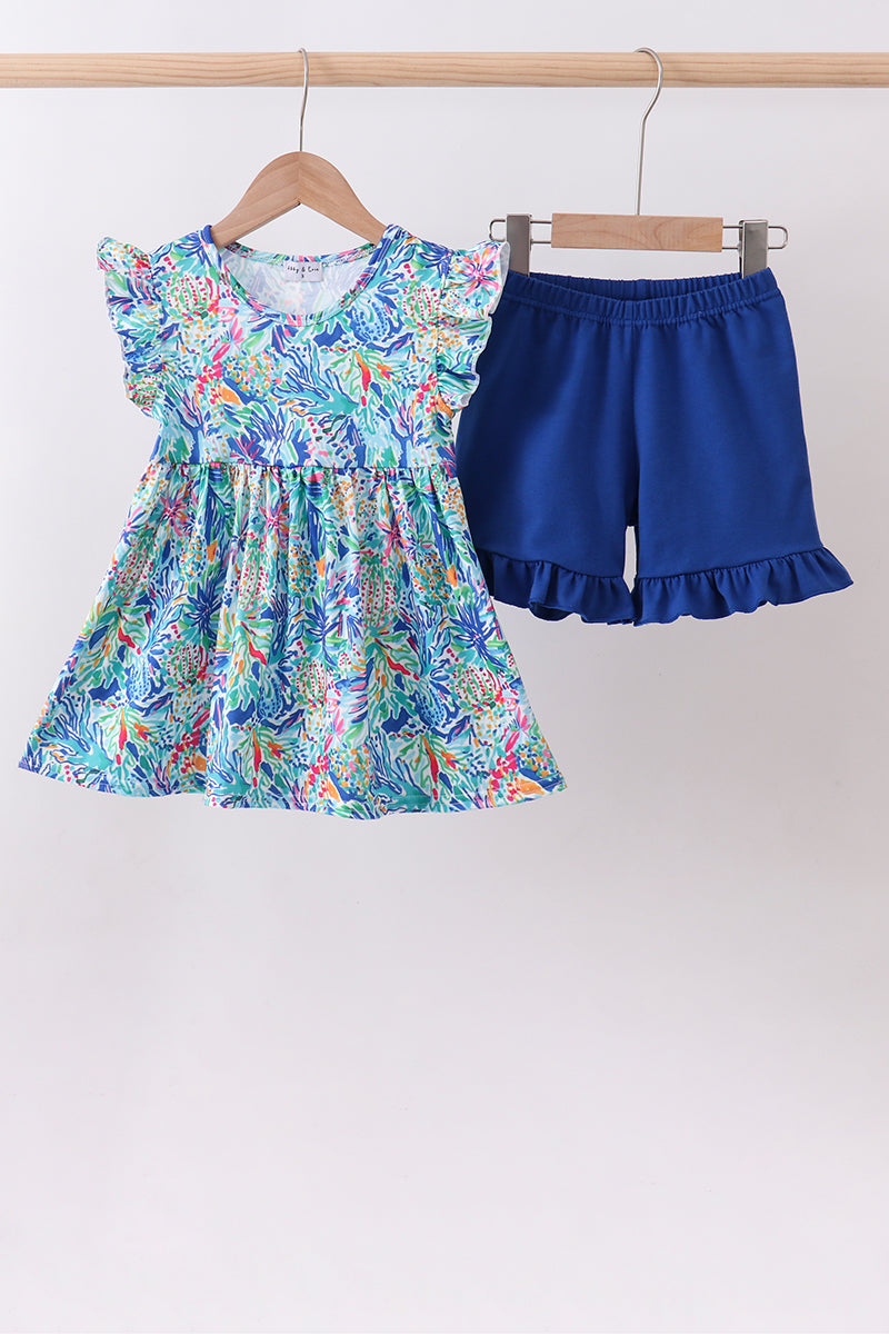 Ensemble short à volants imprimé floral bleu