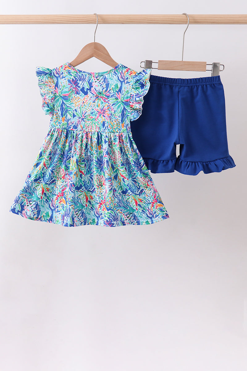 Ensemble short à volants imprimé floral bleu