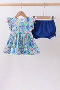 Ensemble bloomer à volants imprimé floral bleu