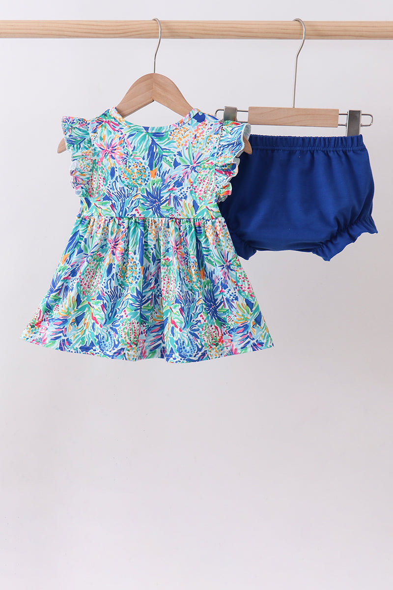 Ensemble bloomer à volants imprimé floral bleu