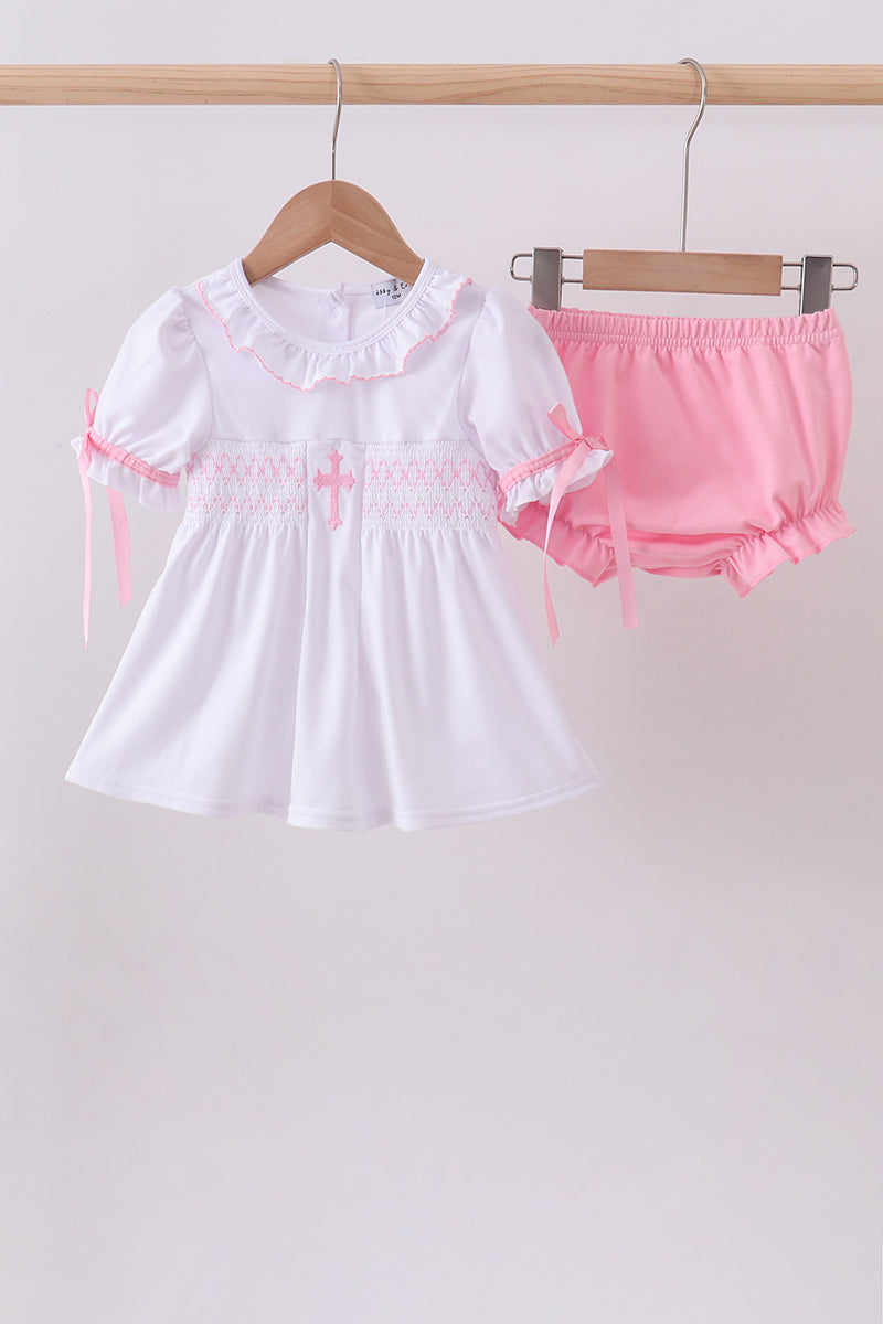 Ensemble bloomer à smocks et volants blanc