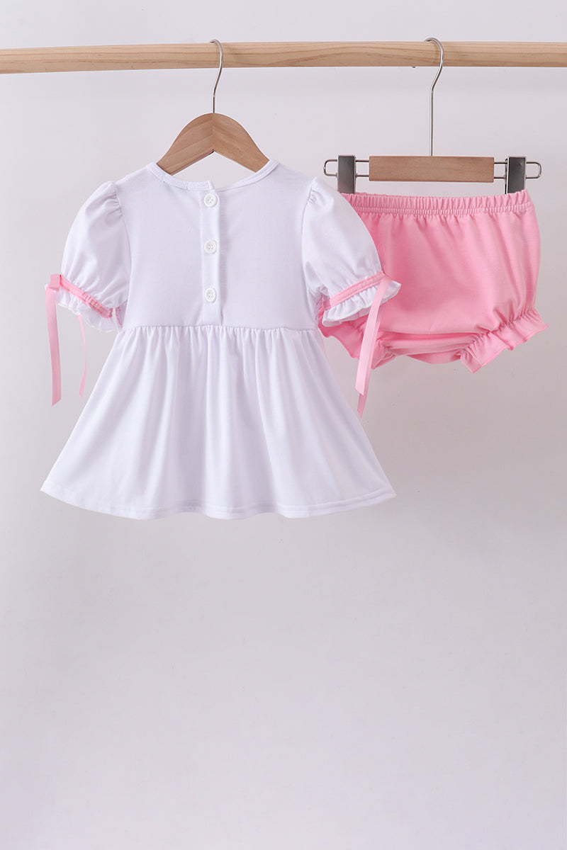 Ensemble bloomer à smocks et volants blanc
