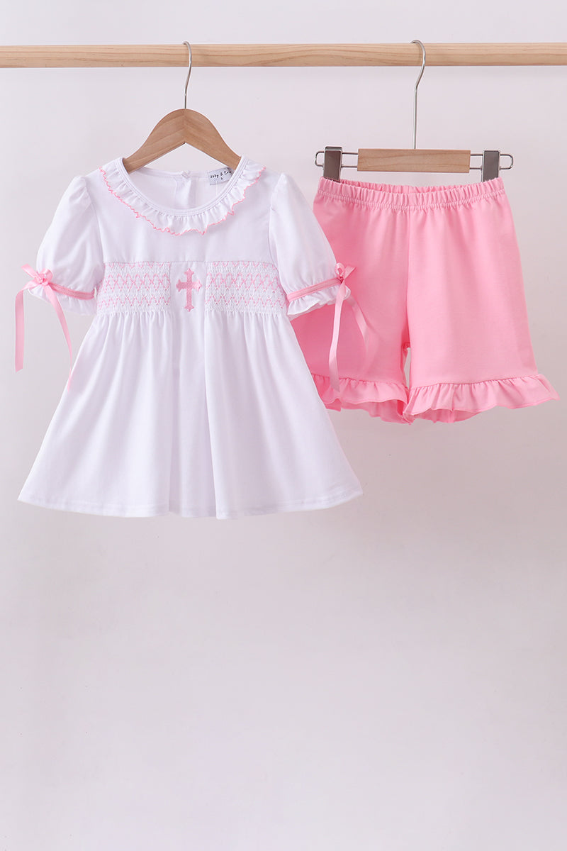 Ensemble short volanté smocké croix blanche