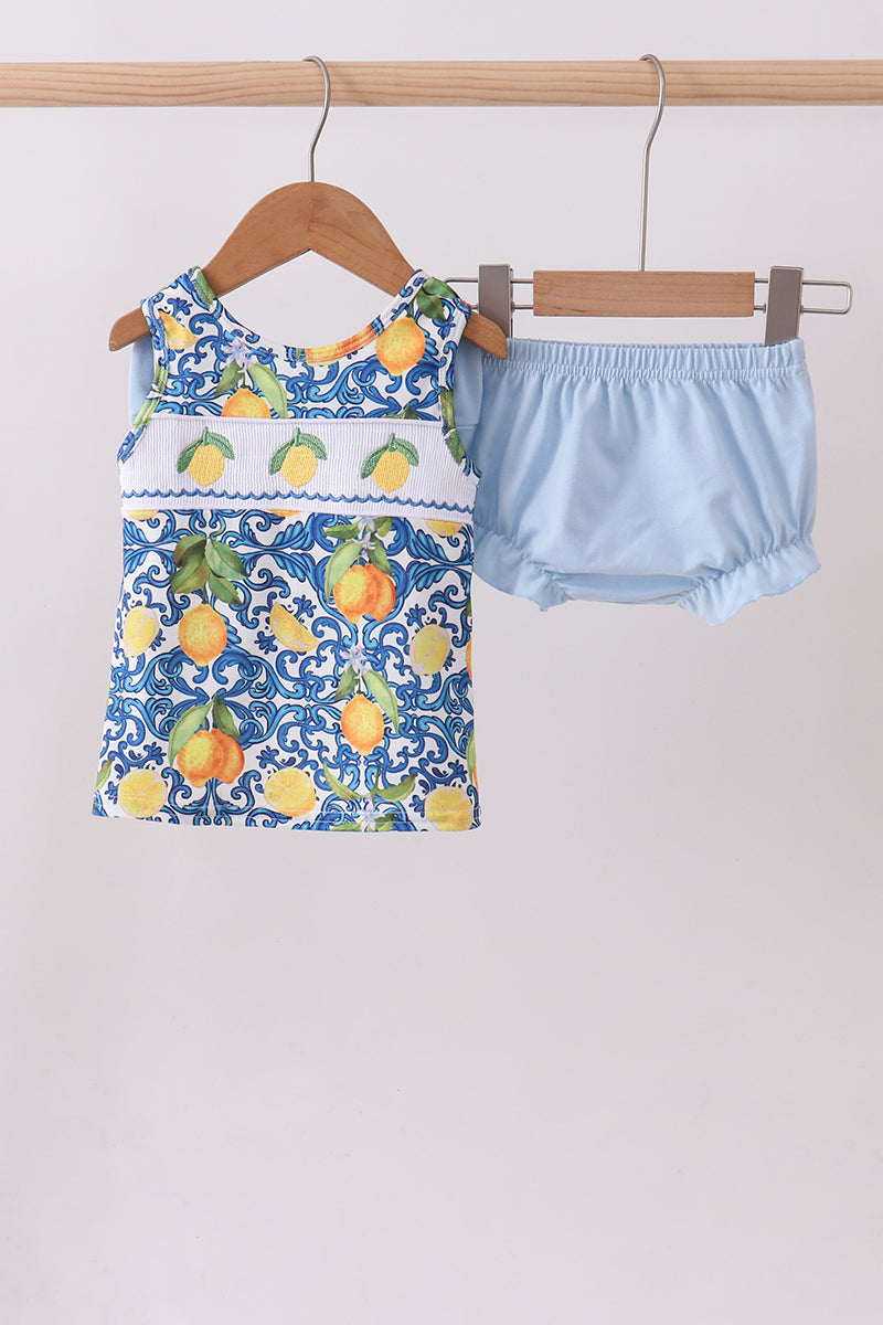 Ensemble barboteuse à smocks et volants, motif citrons