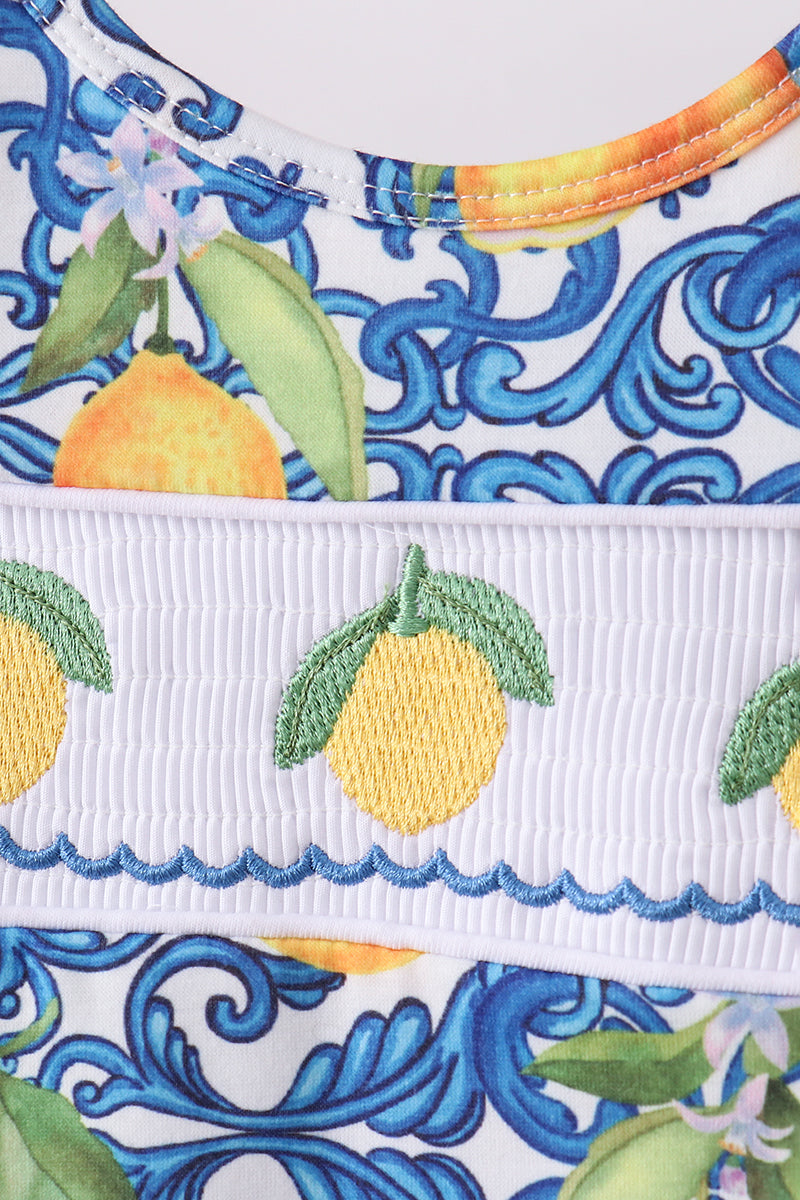Ensemble barboteuse à smocks et volants, motif citrons