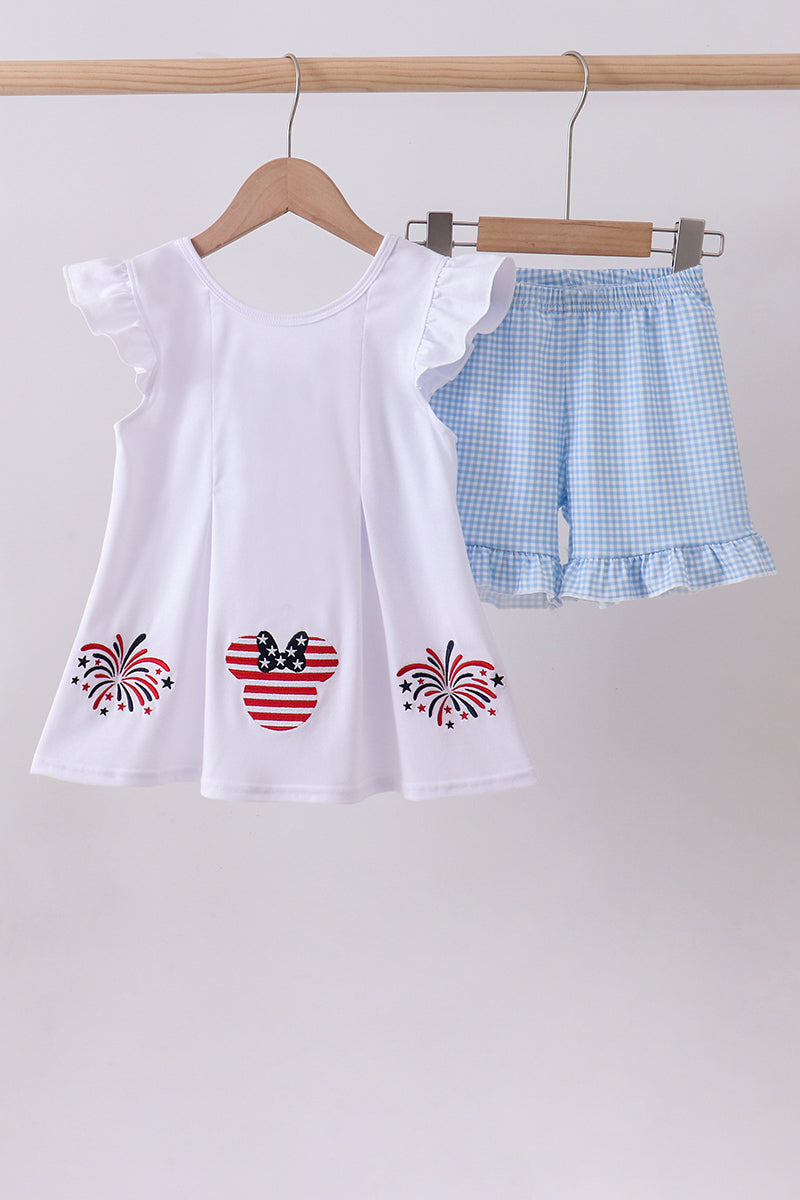 Ensemble short à volants vichy brodé feux d'artifice personnage bleu