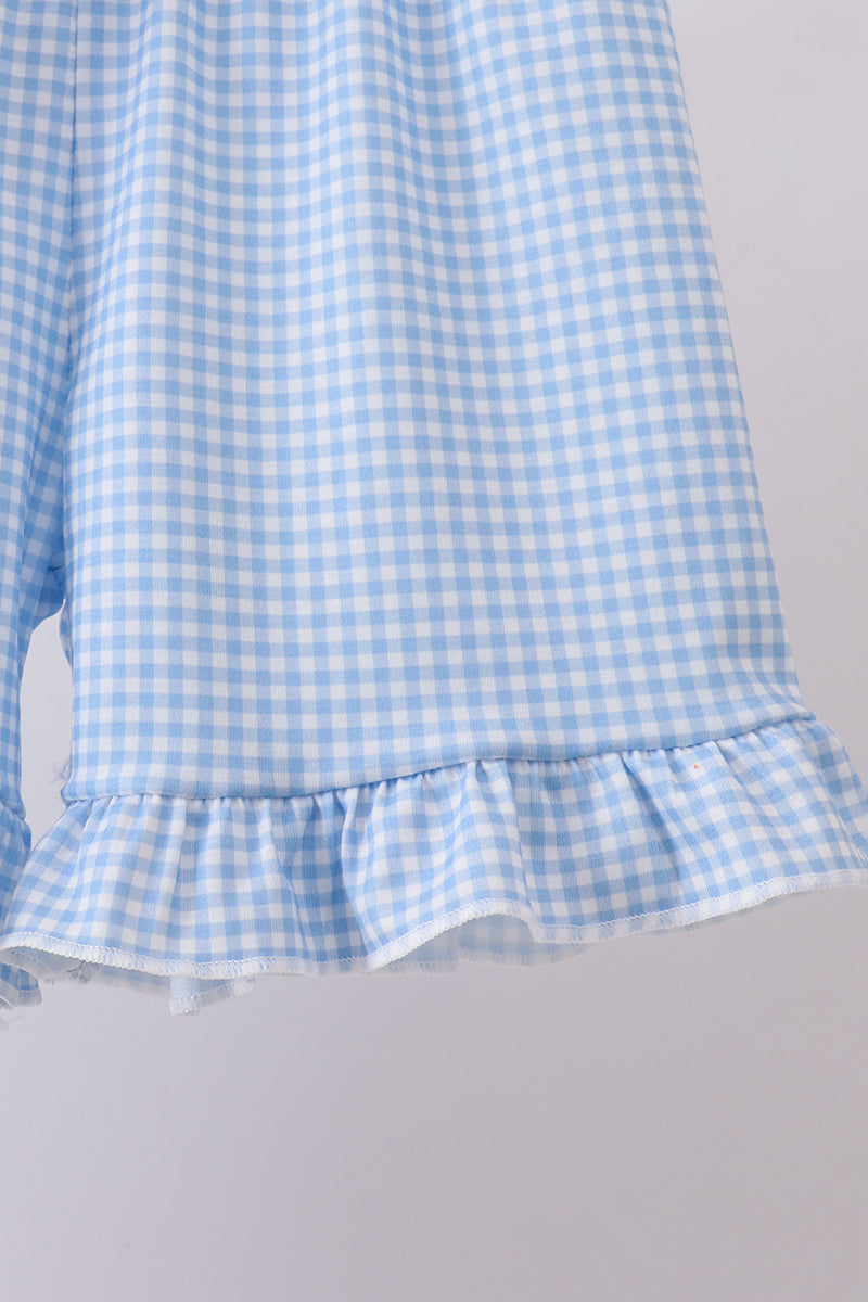 Ensemble short à volants vichy brodé feux d'artifice personnage bleu