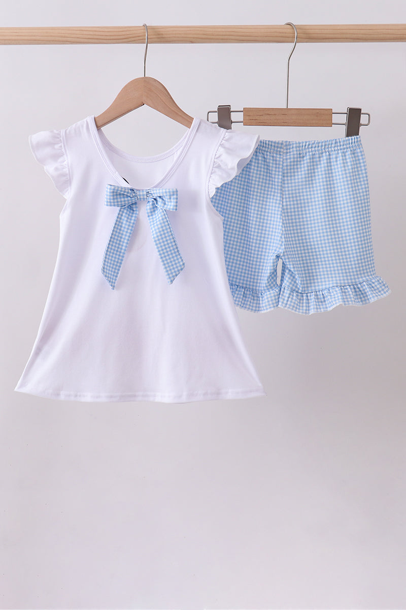 Ensemble short à volants vichy brodé feux d'artifice personnage bleu