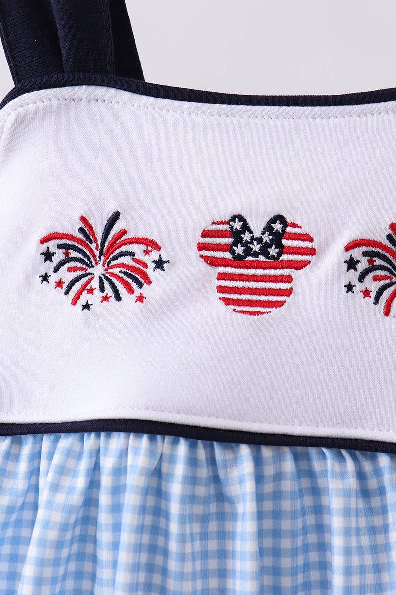 Robe vichy brodée feux d'artifice personnage bleu