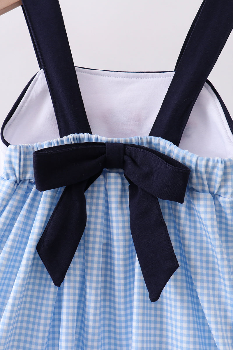 Robe vichy brodée feux d'artifice personnage bleu