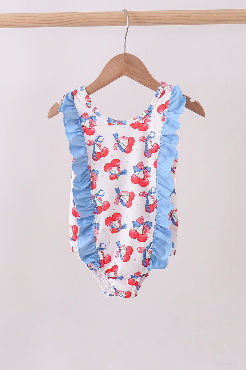 Maillot de bain à volants imprimé cerises bleues