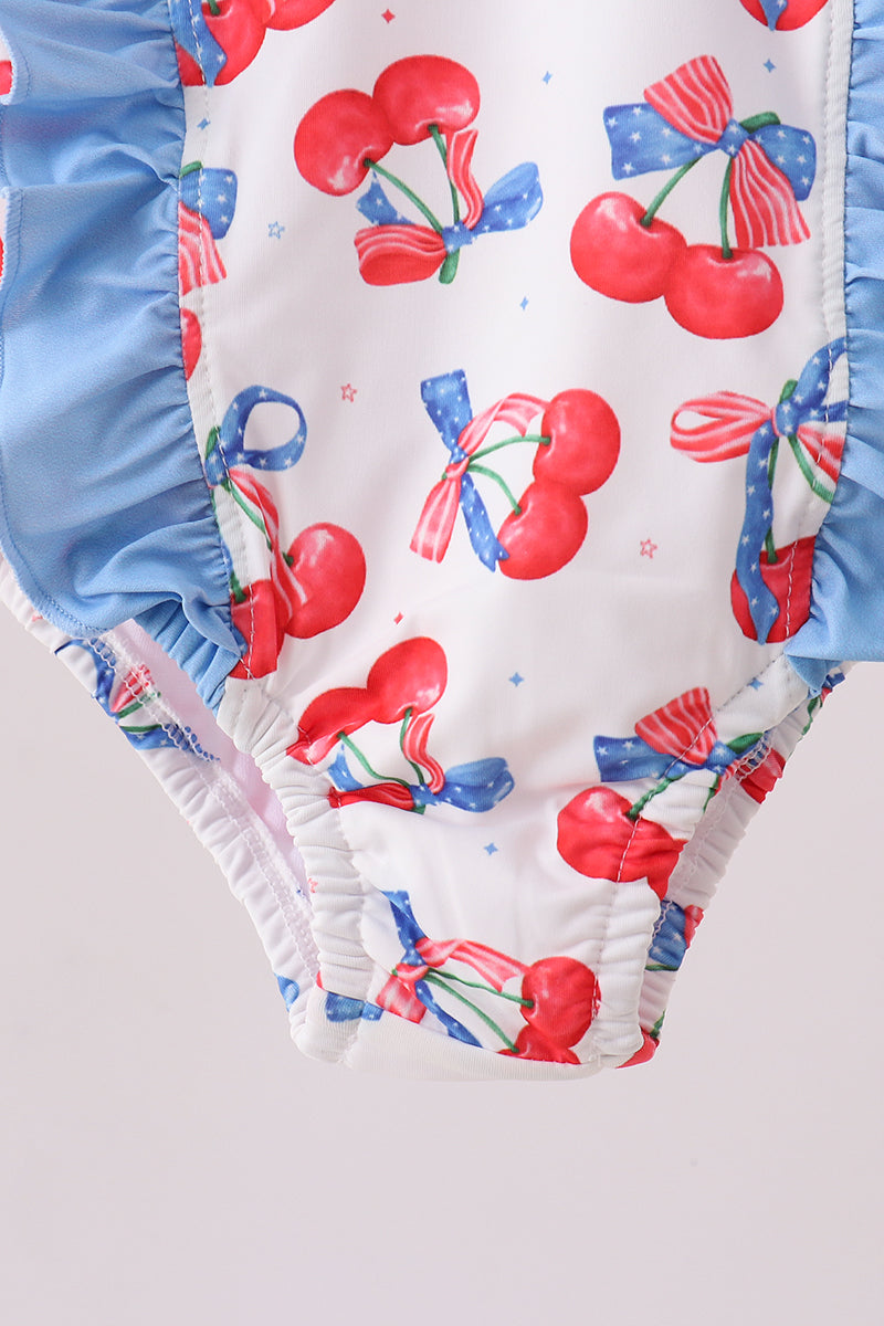 Maillot de bain à volants imprimé cerises bleues