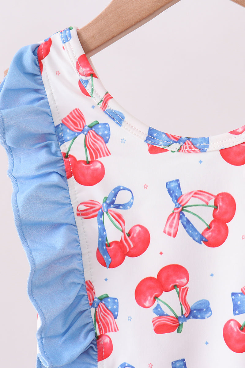 Maillot de bain à volants imprimé cerises bleues