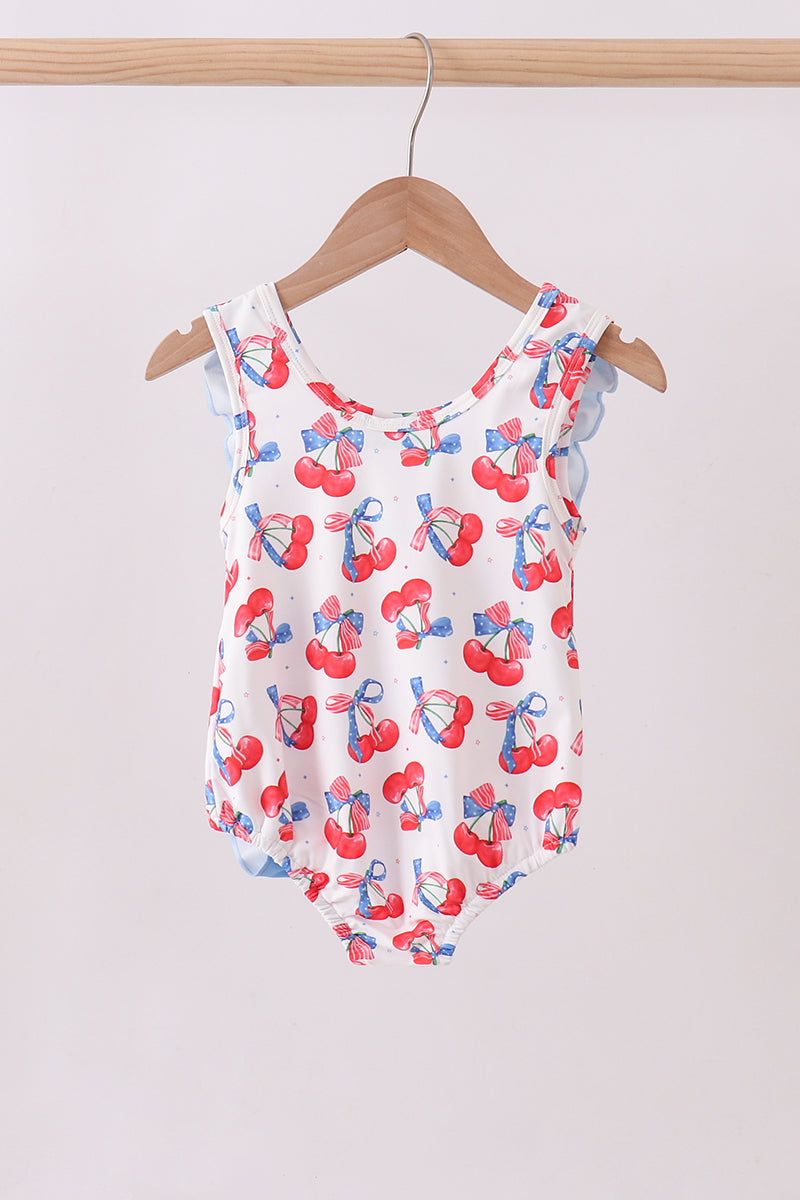 Maillot de bain à volants imprimé cerises bleues