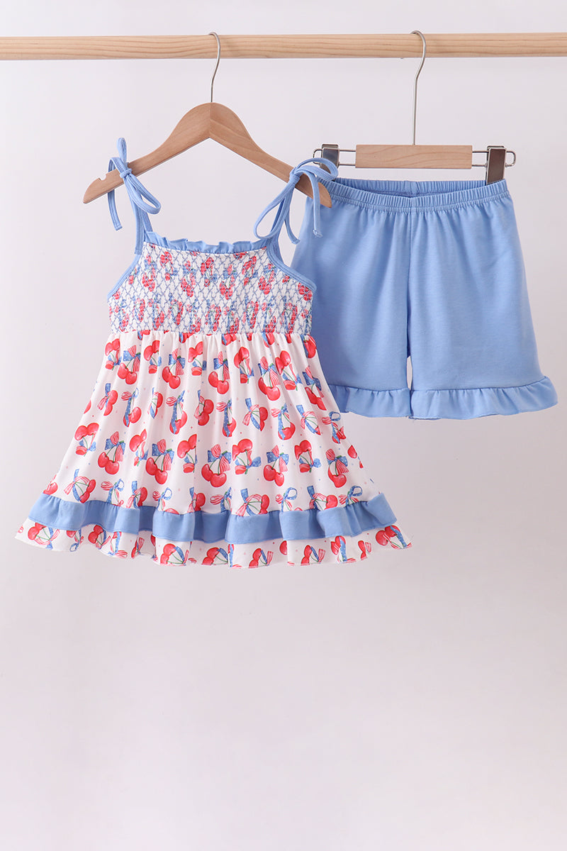 Ensemble short à volants smocké cerises bleues