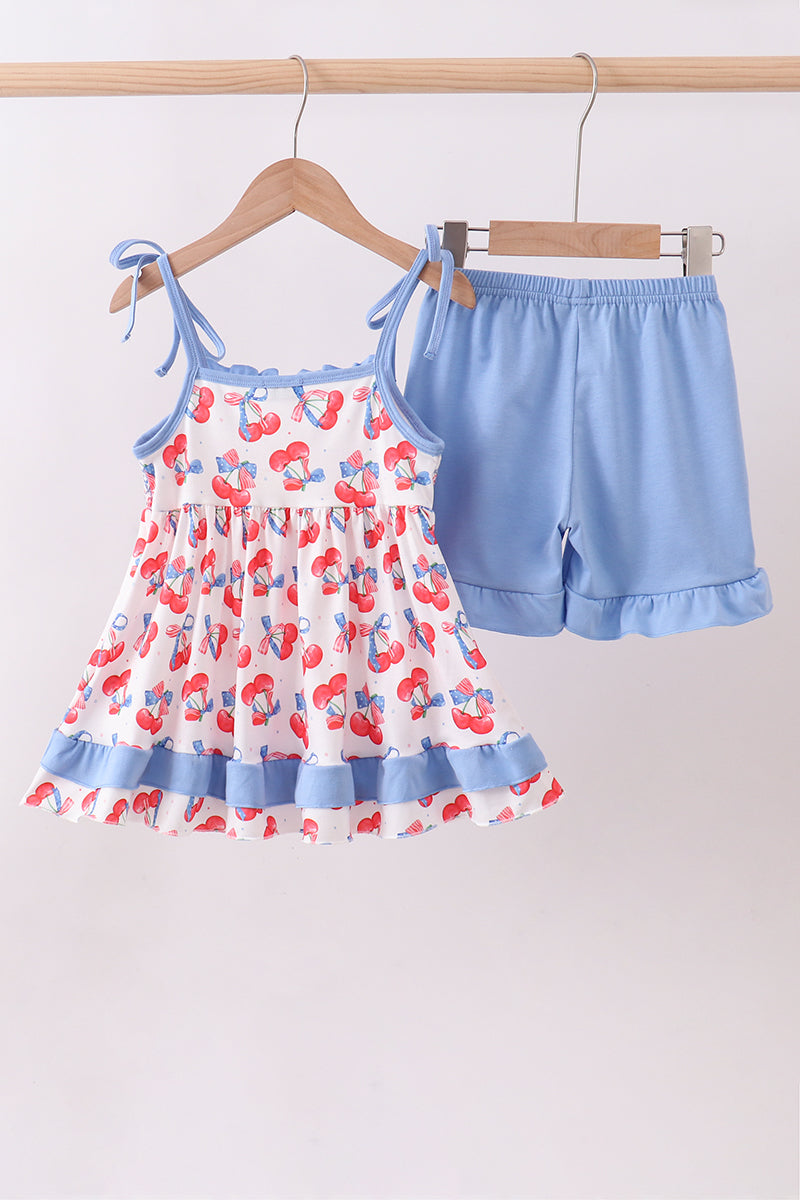 Ensemble short à volants smocké cerises bleues