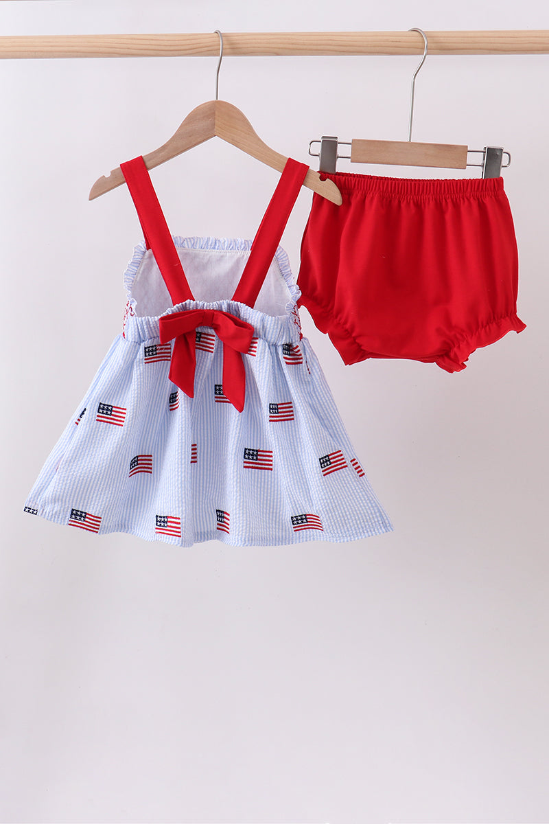 Ensemble barboteuse en seersucker brodé drapeau bleu