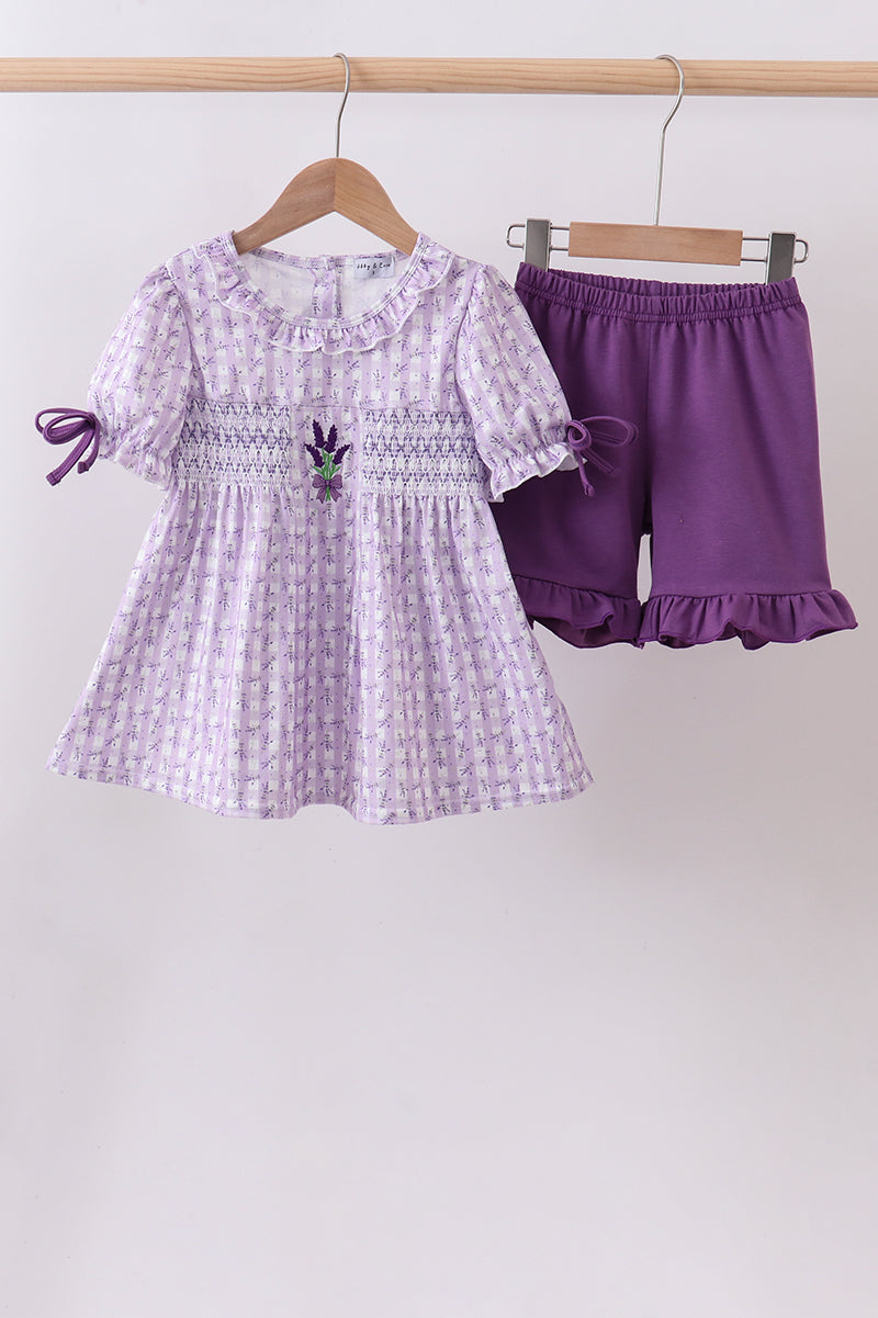 Ensemble short lavande fleuri smocké à volants