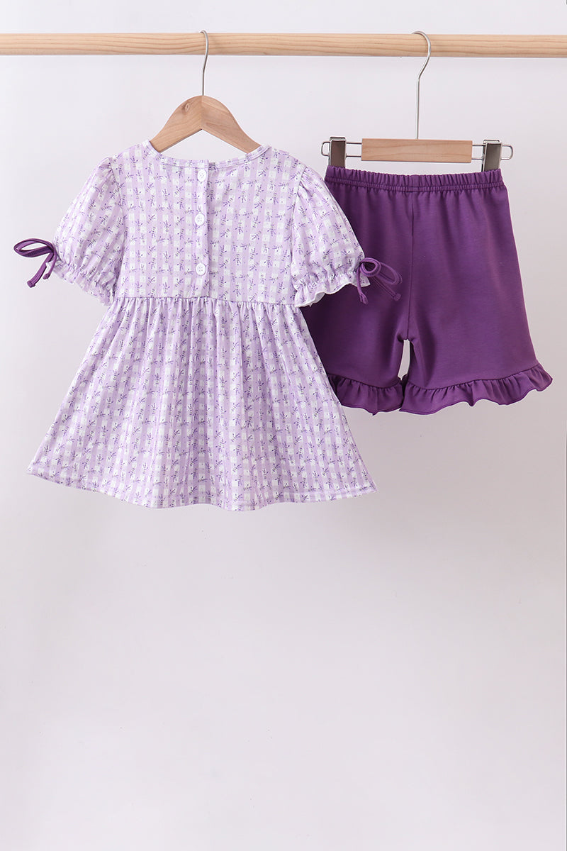 Ensemble short lavande fleuri smocké à volants
