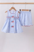 Ensemble short à volants en vichy tissé à smocks drapeau bleu