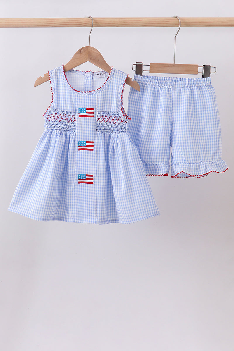 Ensemble short à volants en vichy tissé à smocks drapeau bleu