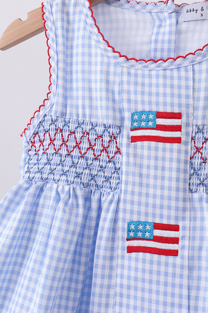 Ensemble short à volants en vichy tissé à smocks drapeau bleu