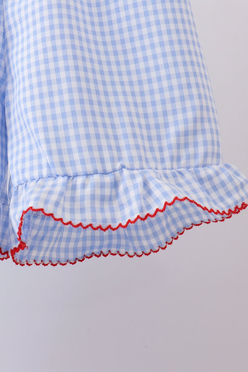 Ensemble short à volants en vichy tissé à smocks drapeau bleu