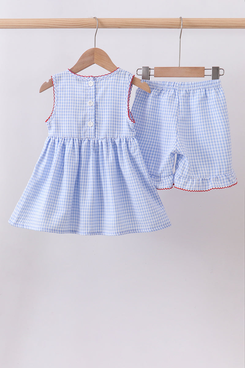 Ensemble short à volants en vichy tissé à smocks drapeau bleu