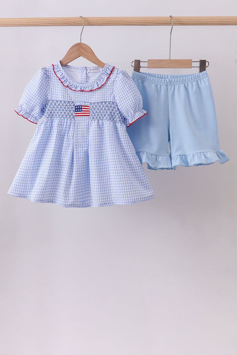 Ensemble short volanté smocké drapeau bleu