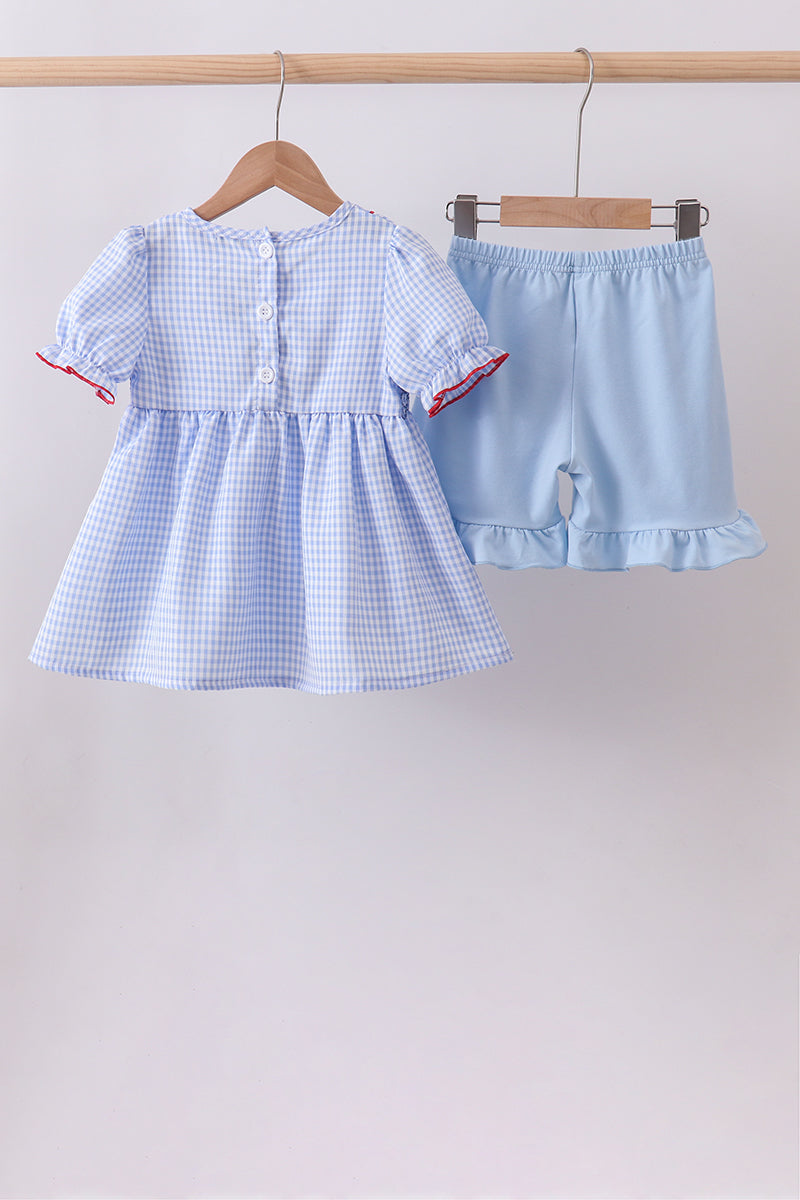Ensemble short volanté smocké drapeau bleu