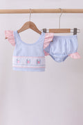 Maillot de bain 2 pièces à volants en seersucker rayé bleu brodé d'un crabe