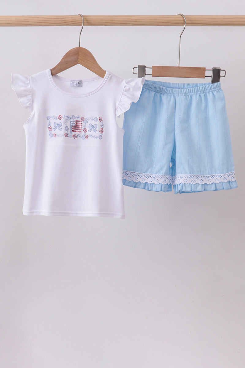 Ensemble short à volants en jacquard smocké drapeau bleu