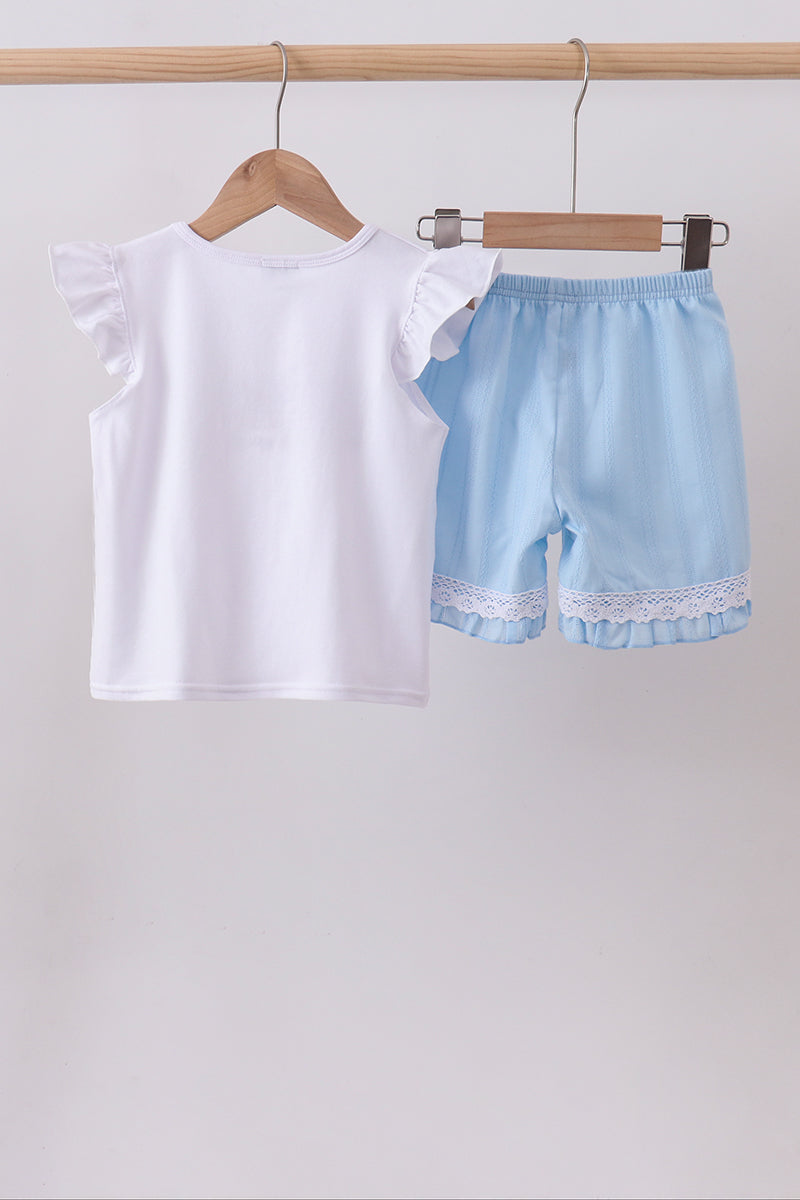 Ensemble short à volants en jacquard smocké drapeau bleu