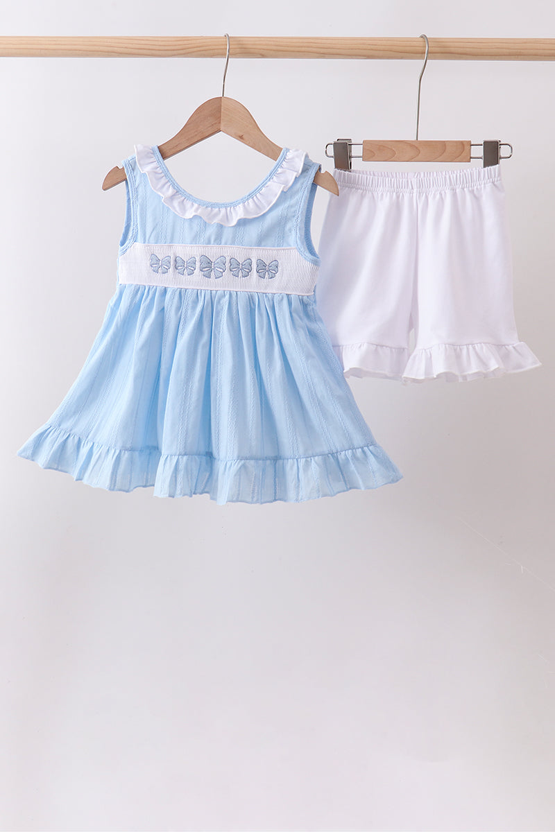 Ensemble jacquard smocké brodé nœud bleu