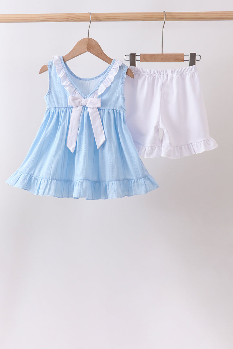Ensemble jacquard smocké brodé nœud bleu