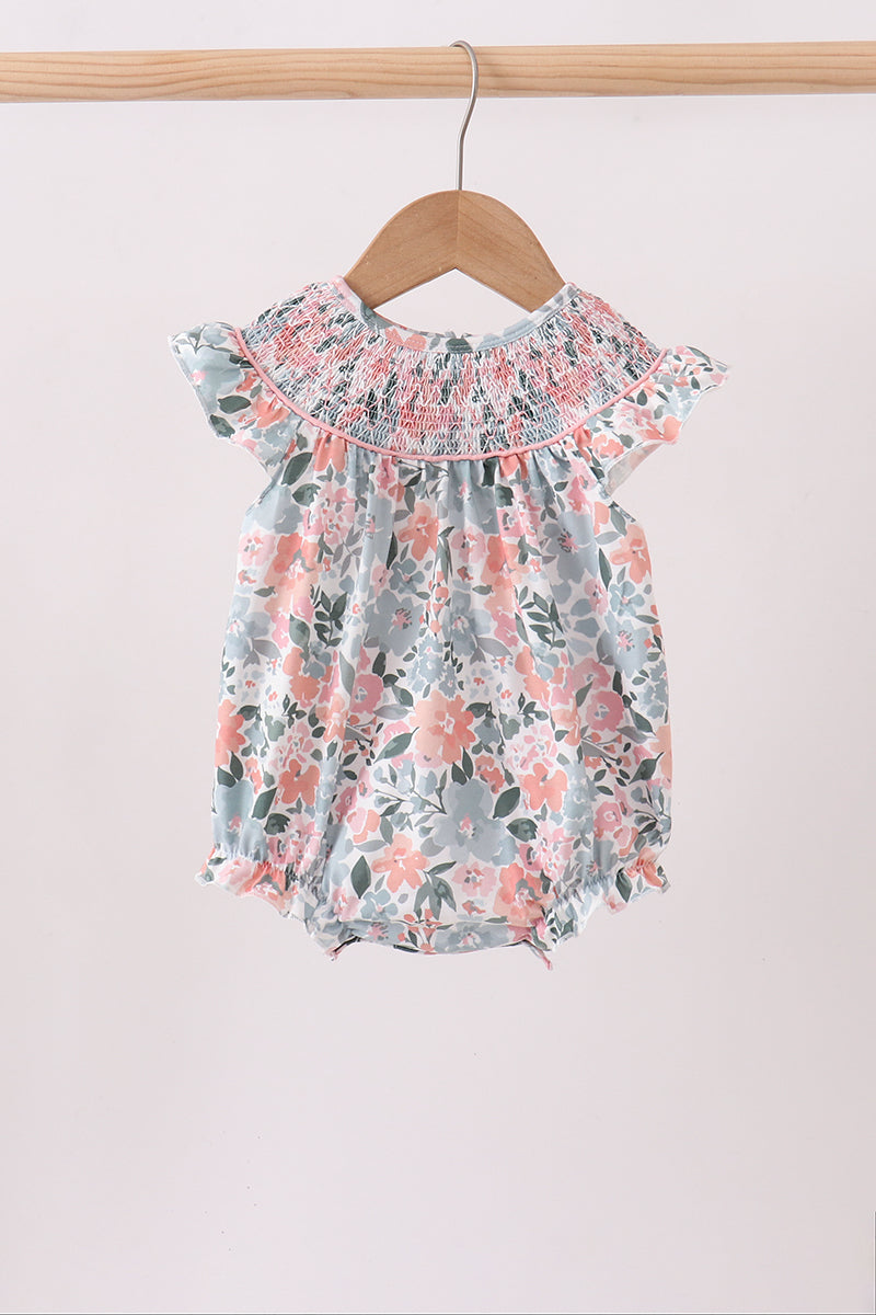 Combinaison bulle smockée à fleurs roses