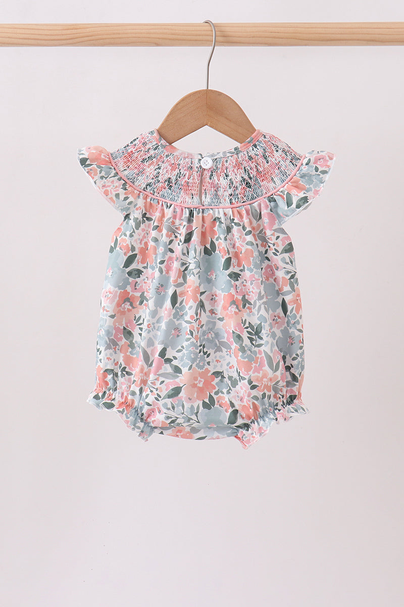Combinaison bulle smockée à fleurs roses