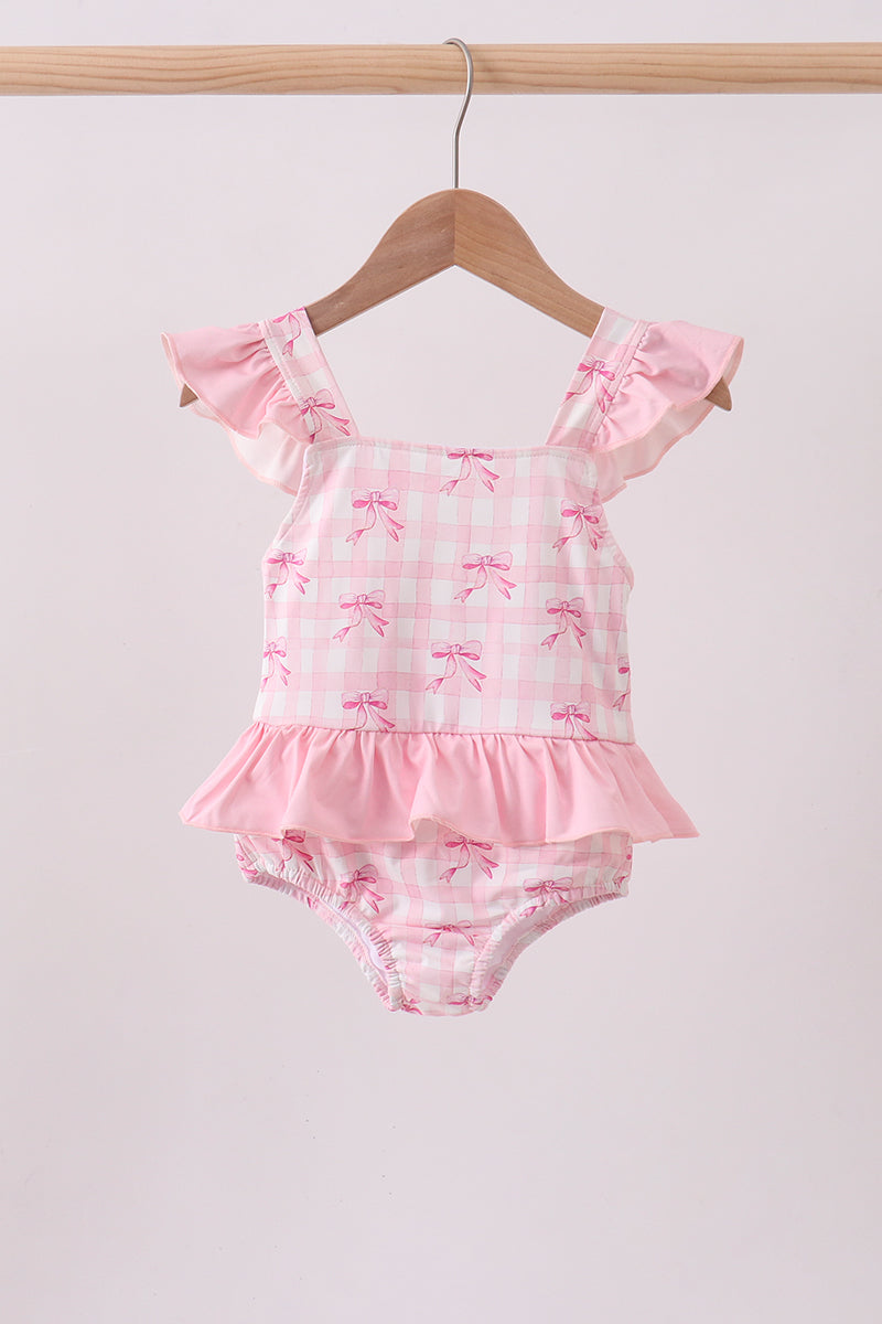Maillot de bain une pièce à volants imprimé nœud rose