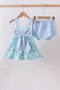 Ensemble bloomer et nœud imprimé plage bleu
