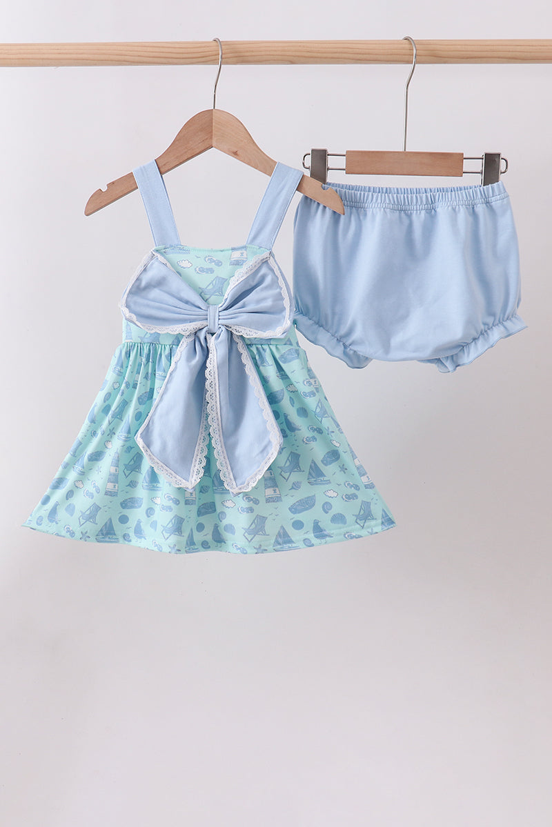 Ensemble bloomer et nœud imprimé plage bleu