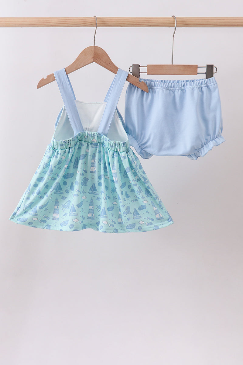 Ensemble bloomer et nœud imprimé plage bleu