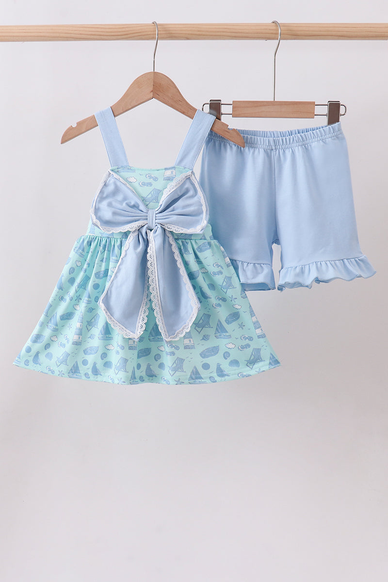Ensemble short à volants et nœud imprimé plage bleu