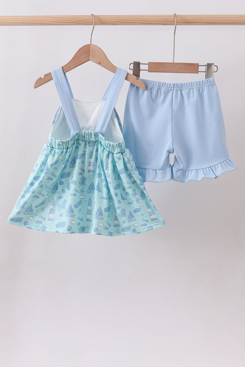 Ensemble short à volants et nœud imprimé plage bleu