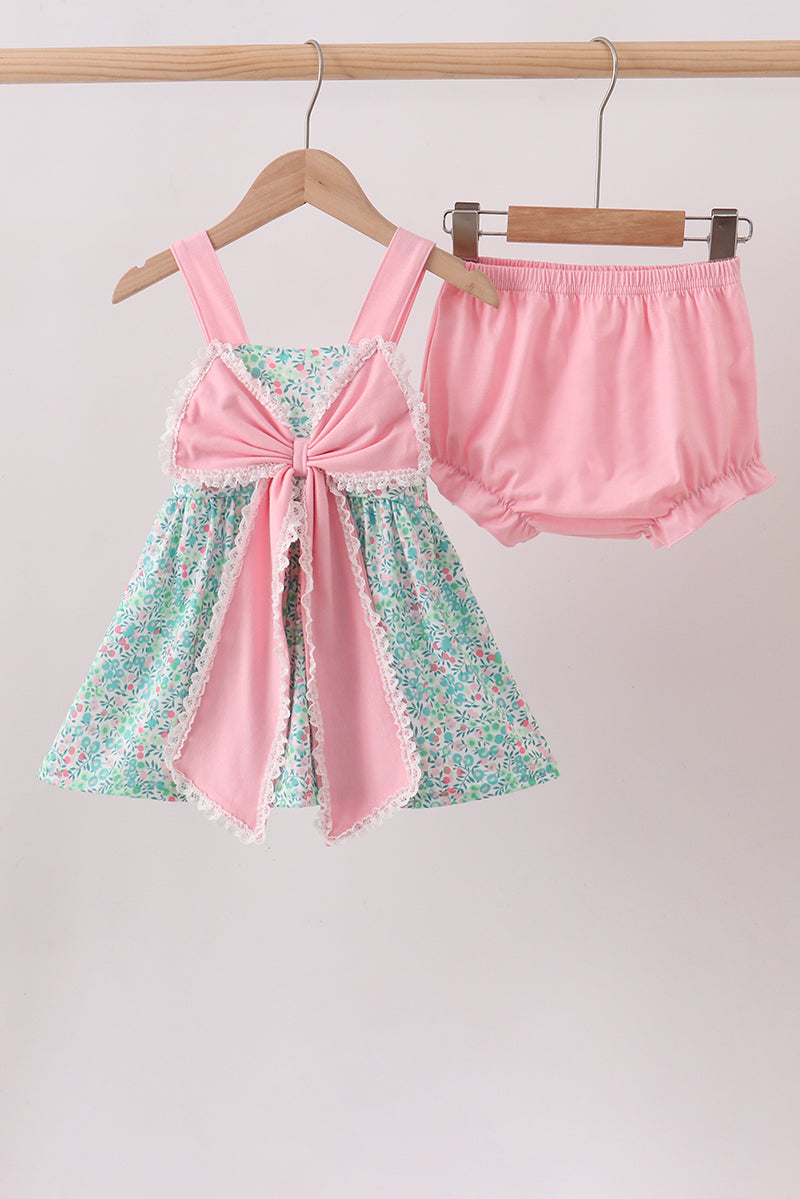 Ensemble Bloomer Fleuri Nœud Rose
